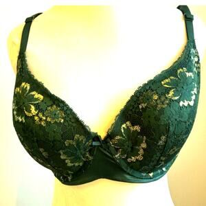 Victoria Secret Bra 36DD Fairy Green Lace Floral Gold Detail Push Up Sexy y2k